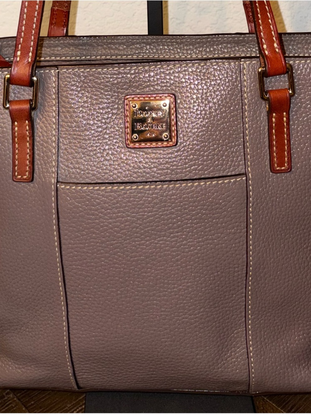 Dooney & Bourke Pebble Leather Tote Taupe Gray British Tan Trim Shoulder Bag - Picture 3 of 13